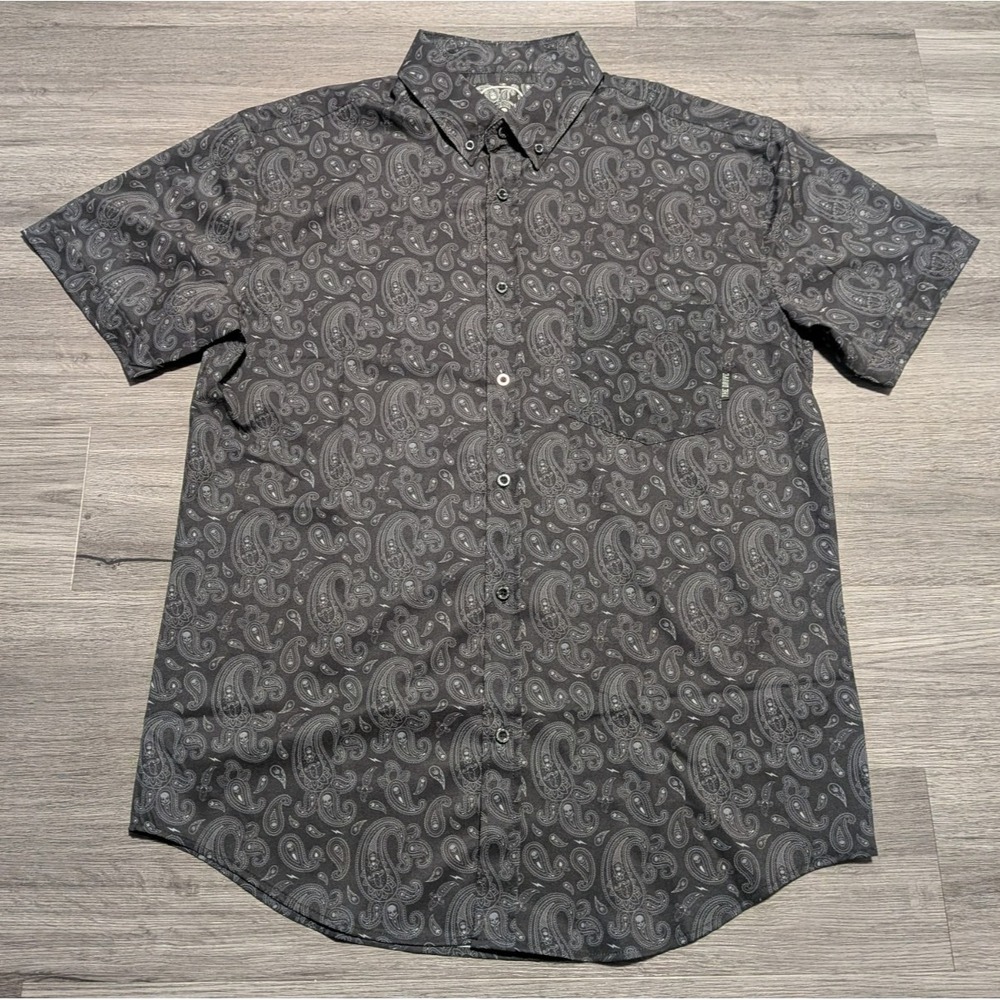 The Drive Clothing Men's Black‎ AOP Skull Paisley Button Up Shirt Size Large